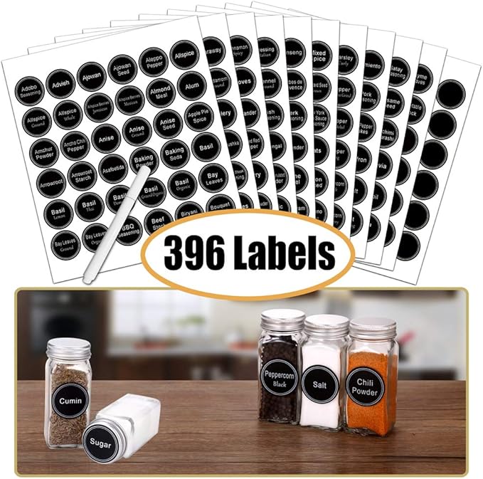 SWOMMOLY Spice Rack Organizer with 24 Empty Glass Spice Jars, 396 Spice Labels with Chalk Marker and Funnel Complete Set, for Countertop, Cabinet or Wall Mount, Black