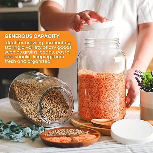 FastRack - One Gallon Wide Mouth Jar with White Metal Airtight Lid (Pack of 2) | Glass Canisters with Airtight Lids | Gallon Glass Jar with fermentation lids for brewing, fermentation and pickling