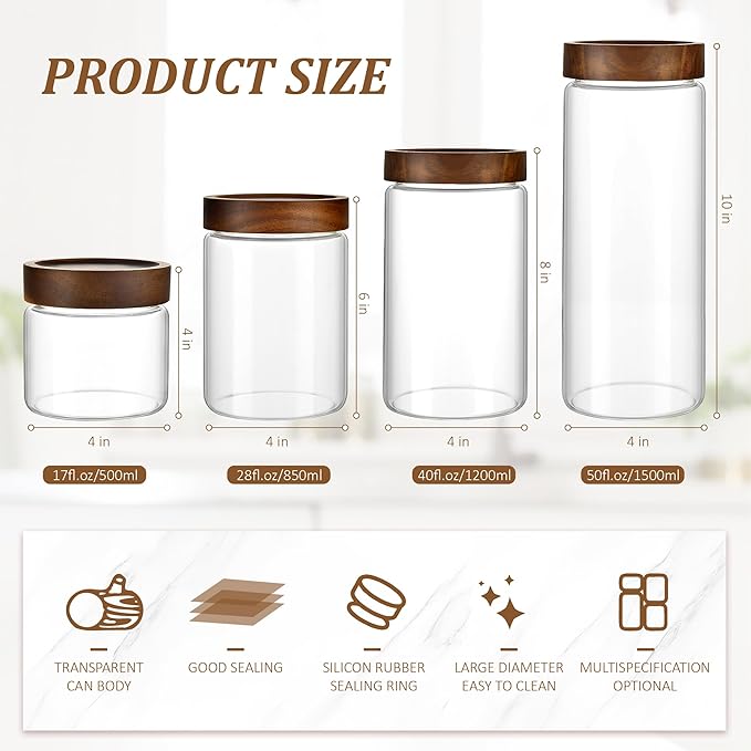 3 Pack 40 oz/1200 ml Clear Glass Storage Canister with Airtight Wooden Screw On Lid, Large Tall Decorative Glass Container Jar Set for Coffee, Nut, Tea, Candy, Cookie, Cereal, Sugar, Flour