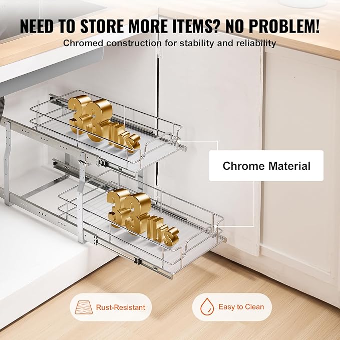 VEVOR 12"W x 21"D Pull Out Cabinet Organizer, Heavy Duty Slide Out Pantry Shelves, Chrome-Plated Steel Roll Out Drawers, Sliding Drawer Storage for Home, Inside Kitchen Cabinet, Bathroom, Under Sink