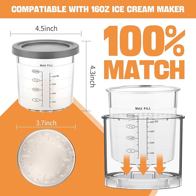 Containers Replacement for Ninja Creami - 4 Pack 16oz Pints and Lids, Compatible with NC301 Series Ice Cream Makers, Upgraded Design with Measurement Scale, BPA-Free & Dishwasher Safe