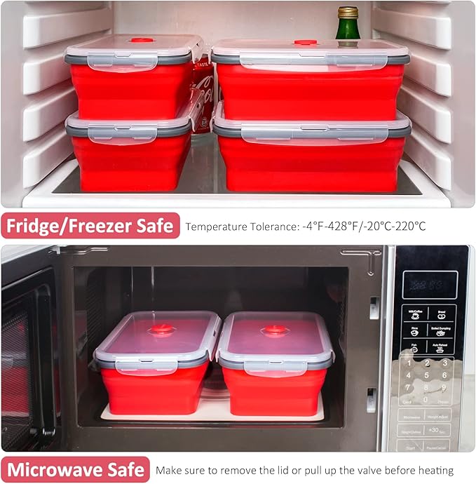 Collapsible Food Storage Containers with Airtight Lid & Air Vent, 40.5 oz, Kitchen Stacking Silicone Collapsible Meal Prep Container Set for Leftover, Microwave Freezer Dishwasher Safe, Red, Set of 4