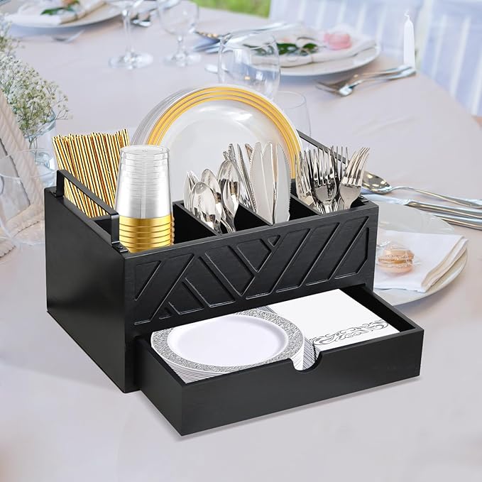 Paper Plate Dispenser with Drawer, Paper Plate Holder for Kitchen Counter, Wood Rustic Silverware Utensil Caddy, Cutlery Flatware Organizer for Cup Spoon Fork Plates Napkins, Black Kitchen Accessories