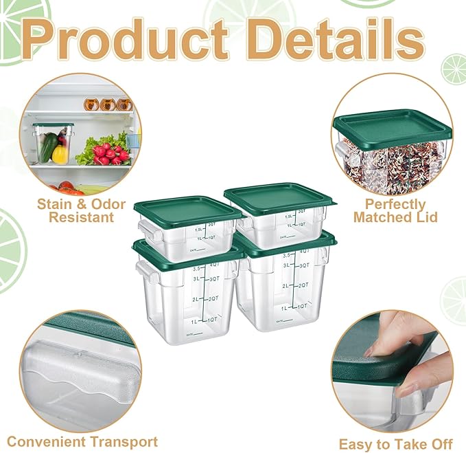 Barydat 4 Pcs Food Storage Container with Lids 2Qt and 4Qt Square Commercial Containers with Scales and Handles Polycarbonate Clear Food Storage for Kitchen Proof Dough Marinating Meat(Green)