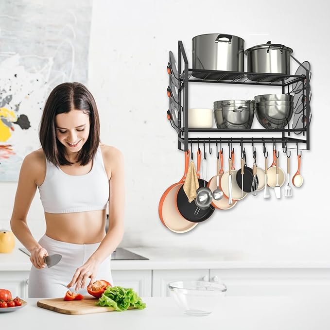 35 Inch Pot Rack Wall Mounted, 2 Tier Pots and Pans Organizer with 20 Hooks and 6 Pot Lid Holders, Heavy Duty Steel Pot and Pan Hanger for Kitchen Cookware Utensils Storage 34.7" Lx13 Wx26.4 H