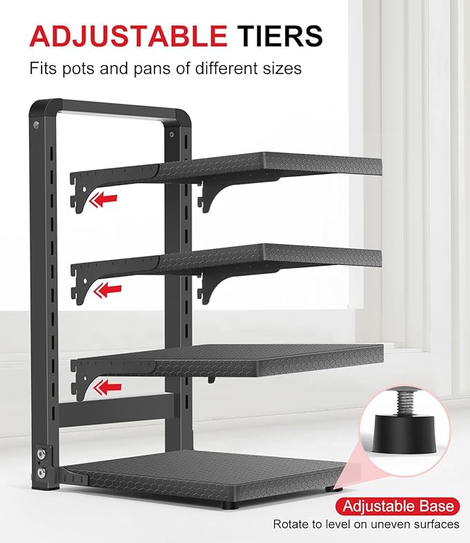 Pots and Pans Organizer under Cabinet, Heavy Duty Pan Organizers for Cabinet & Counter, 4 Tier Adjustable Pan & Pot Rack for Kitchen Cabinet Organizers and Storage
