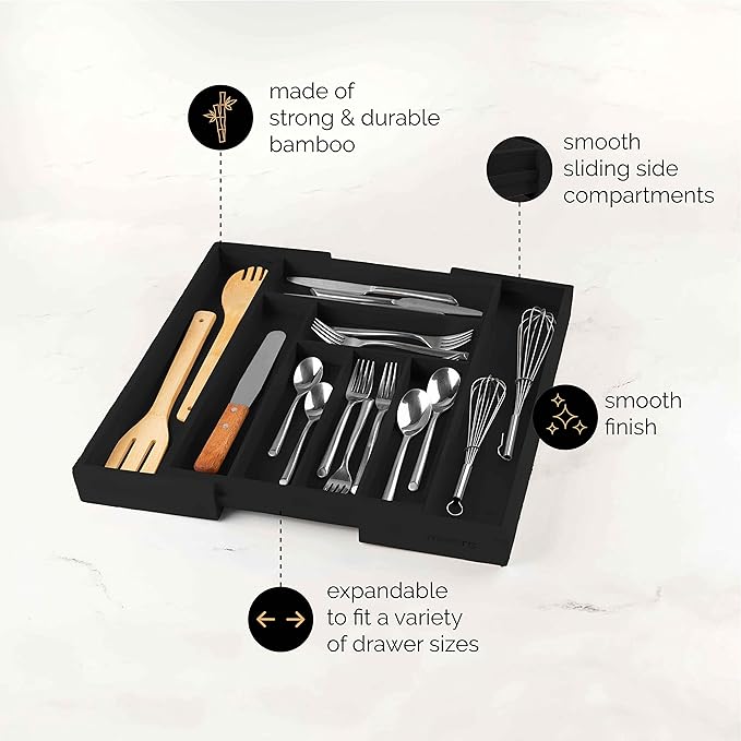 Masirs Expandable Bamboo Kitchen Drawer Organizer - Adjusts to Fit Drawer Size, Ideal for Silverware, Utensils, and Office Supplies, Durable Bamboo Construction