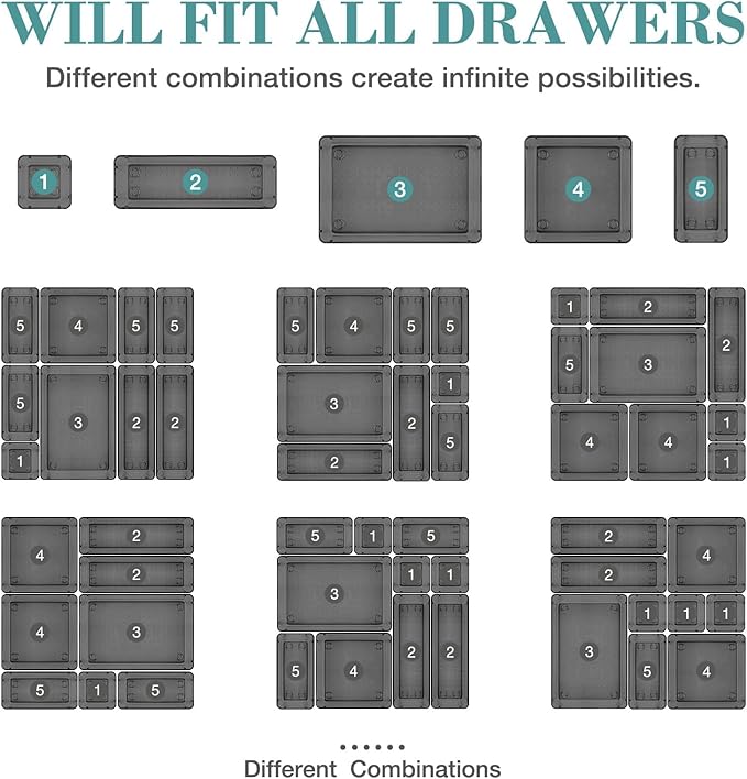 10 PCS Drawer Organizer Set, 4 Varied Size Bathroom and kitchen Drawer cabinet organizer Trays, Clear Storage Bins for Makeup, Jewelry, Utensils and Gadgets, Black