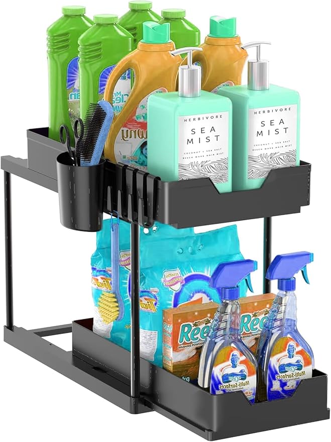 Under Sink Organizers and Storage Bathroom Organizer, 2 Tier Under Sliding Kicthen Cabinet Basket Organizer with Hooks, Hanging Cup, Dividers, Handles, Multi-purpose Under Sink Shelf Organizer