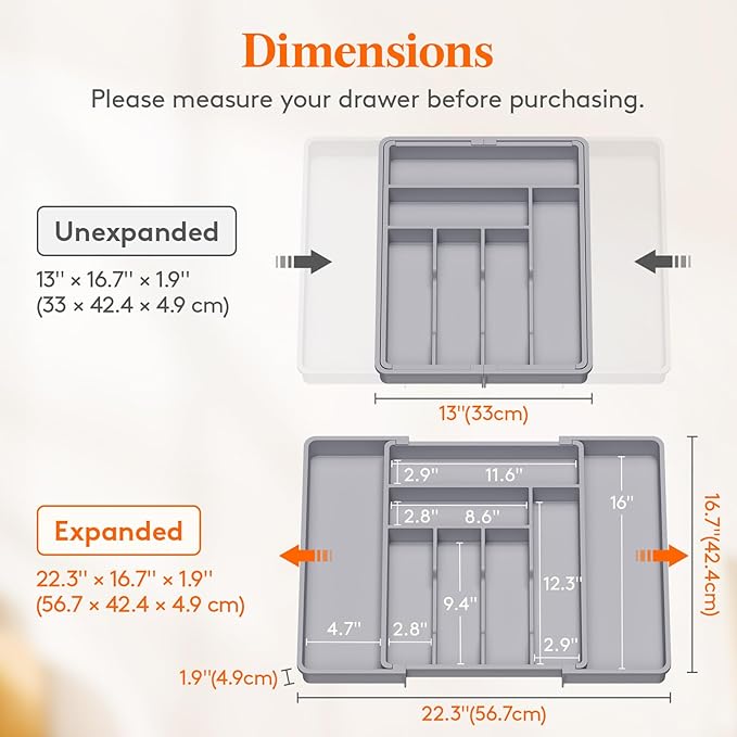 Lifewit Expandable Silverware Drawer Organizer, 22.4 x 16.7 x 2 inches, Adjustable Utensil Cutlery Tray for kitchen, Plastic Flatware Spoon Fork Knives Holder Storage Divider,1 Pack, Gray