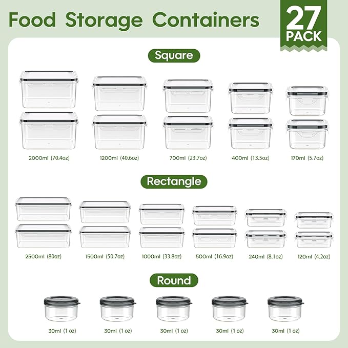 54-Piece Food Storage Containers with Lids(27 Containers & 27 Lids), Plastic Food Containers for Pantry & Kitchen Storage and Organization, BPA-Free, Leak Proof, Reusable with Labels & Pen