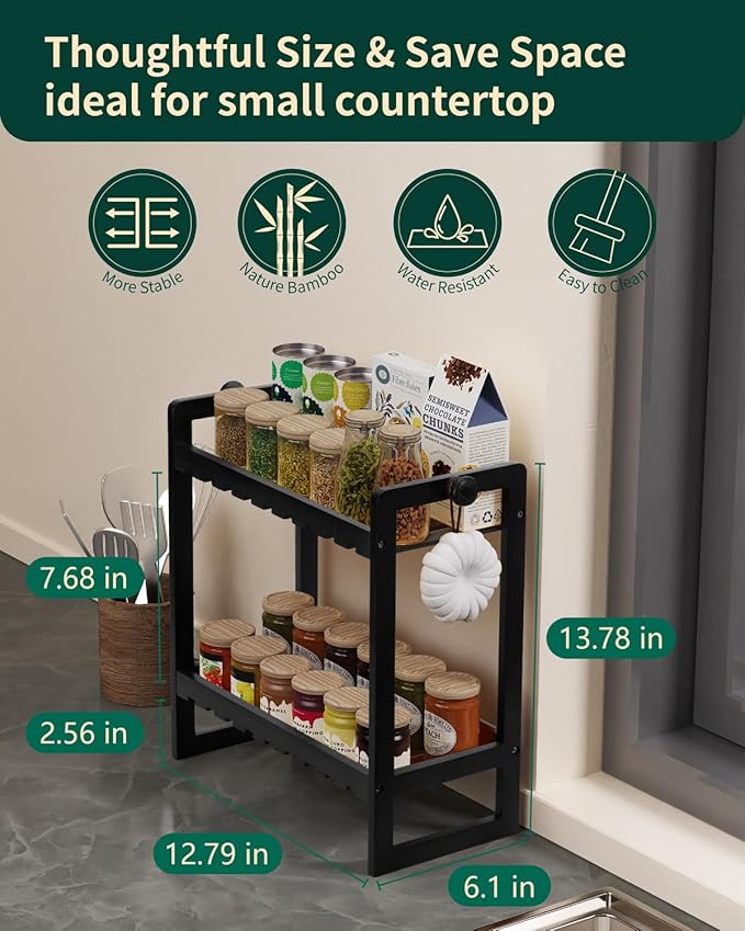 Countertop Organizer, Bamboo Spice Rack Organizer for Pantry, 2 Tier Kitchen Counter Shelf, Coffee Station Organizer,Black