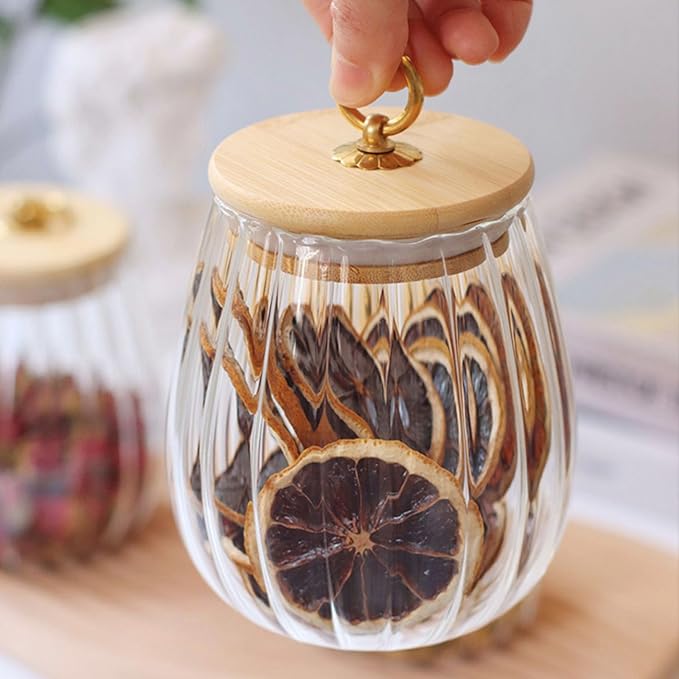 Strip Pattern Clear Glass Candy Jar with Bamboo Lid,Food Storage Jar,Glass Jar with Lid,Coffee Sugar Canister Airtight Storage Container (Oval)