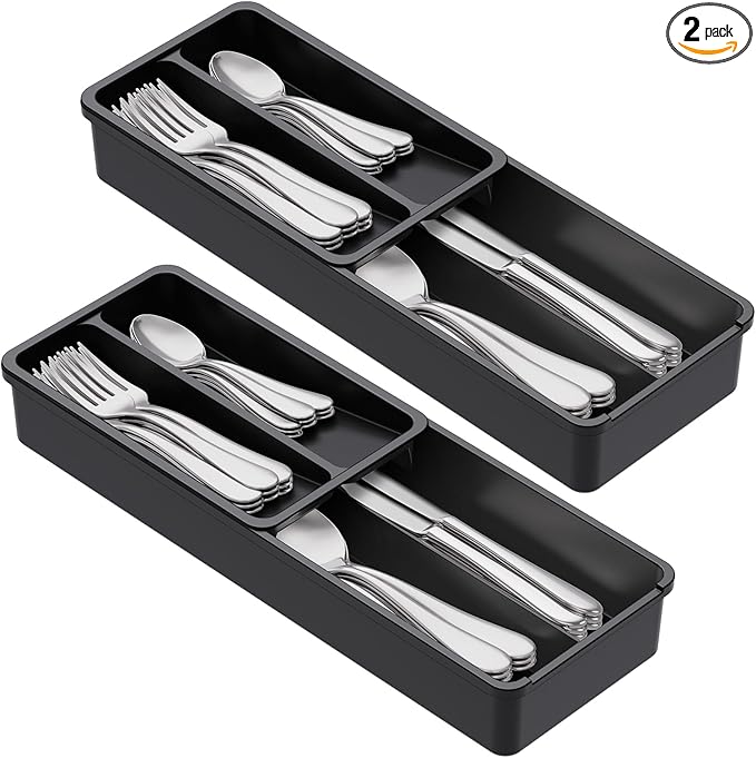 Lifewit Compact Silverware Organizer for Kitchen Drawer, Narrow Flatware Tray Holder, Plastic Cutlery Spoons, Forks and Knives Storage, Black, 2 Pack