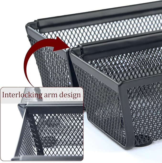 4PCS Drawer Organizer, Mesh Drawer Organizer with Interlocking Arm for Utensil, Cosmetic, Flatware, Pen (9 * 3 * 2 Inches, Black)
