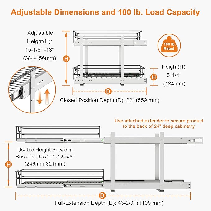 ALINE FURNITURE 2-Tier Pull Out Cabinet Organizer - 23" W x 22" D Soft Close Pullout Shelves for Kitchen Cabinets - Slide Out Drawers, Heavy Duty Steel Wire