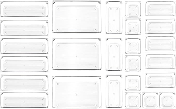 25 Pcs Clear Plastic Drawer Organizer Set,4 Sizes Small Organizer Bins for Bathroom,Office,Kitchen Cabinet and Vanity Organizers for Jewelry,Cosmetic,Gadgets Utensil In Drawer Organizer Trays