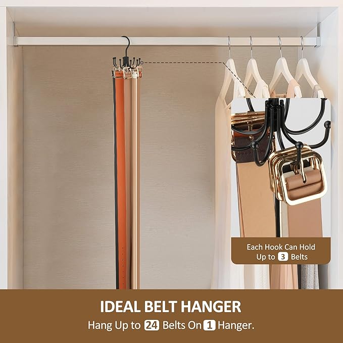 ZEDODIER Belt Hanger, Belt Rack Closet Accessories Organizer, Maximum 24 Storage Capacity, Hanging Holder Storage Hook for Belt, Bra, Tank Top, Tie, Scarf, Purse, Black