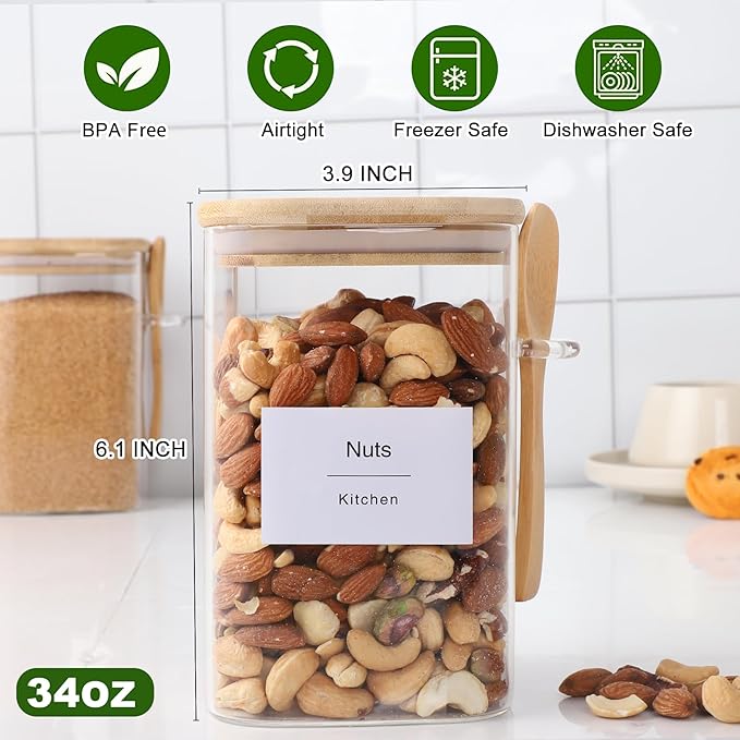 Flour and Sugar Containers - 34 oz Glass Jar with Bamboo Lid and Spoon, Sugar Holder and Canister for Countertop, Glass Containers for Coffee Beans, Tea, Flour, Nuts, Candy and Cookie (Set of 2)