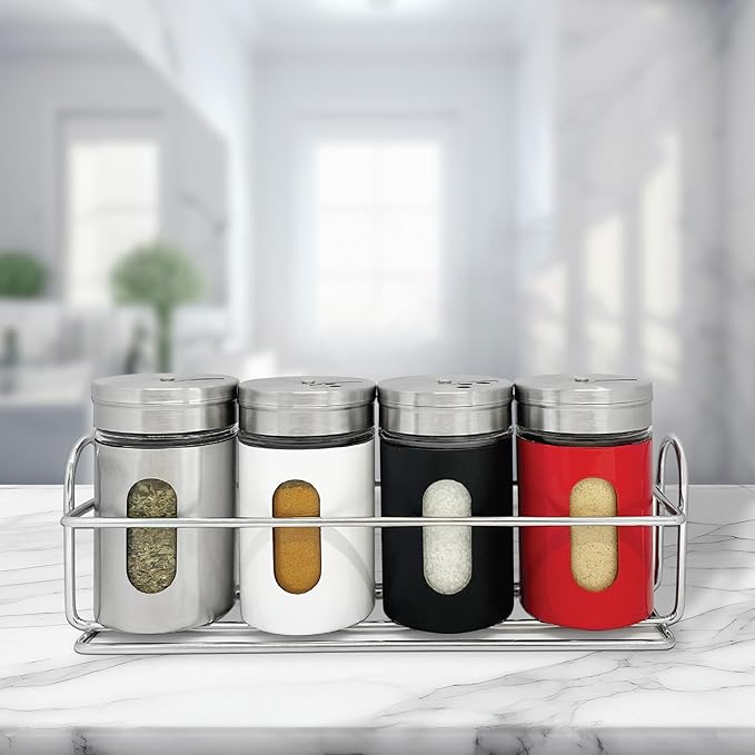 4 Pcs Stainless Steel Spice Seasoning Container Jars with Storage Rack, Perfect for Storing Spices, Salt, Pepper, Sugar and Dry Ingredients