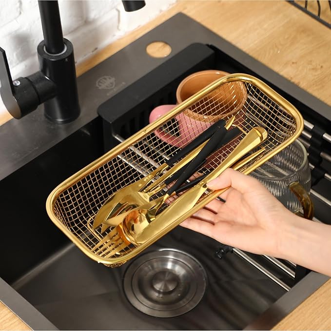 4 Pcs Gold Kitchen Drawer Baskets Stainless Steel Storage Container Mesh Storage Golden Utensil Holder Wire Basket Stackable Drying, 12 x 5 x 2 Inch