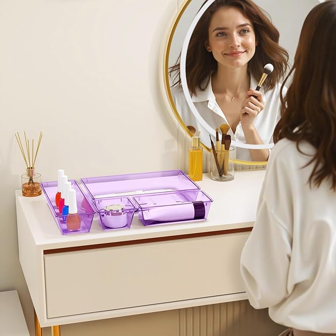 32 PCS Clear Plastic Drawer Organizer Set, 4-Size vanity organizer Trays and Storage Bins for Makeup, Jewelry and Gadgets in Bedroom, Bathroom and Office, Clear Purple