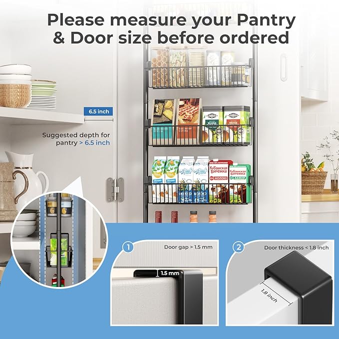 Over The Door Pantry Organizer, 6-Tier Pantry Door Organizers and Storage, Metal Over The Door Organizer, Pantry Door Organizer for Kitchen, D6 x W17 x H60 inch, Black