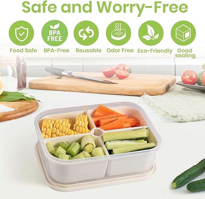 4Pcs Divided Serving Tray with Lid: Fruit Storage Containers for Fridge with 4 Removable Compartment, Storage Organizer for Snacks, Fruit, vegetables, Portable Snackle Box for Party, Travel, Picnics