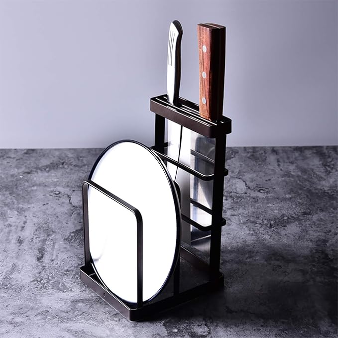 VANRA Metal Steel Cutting Board Holder Knife Block Kitchen Organizer Pantry Bakeware Rack Pan Pot Cover Lid Rack Stand (Bronze)
