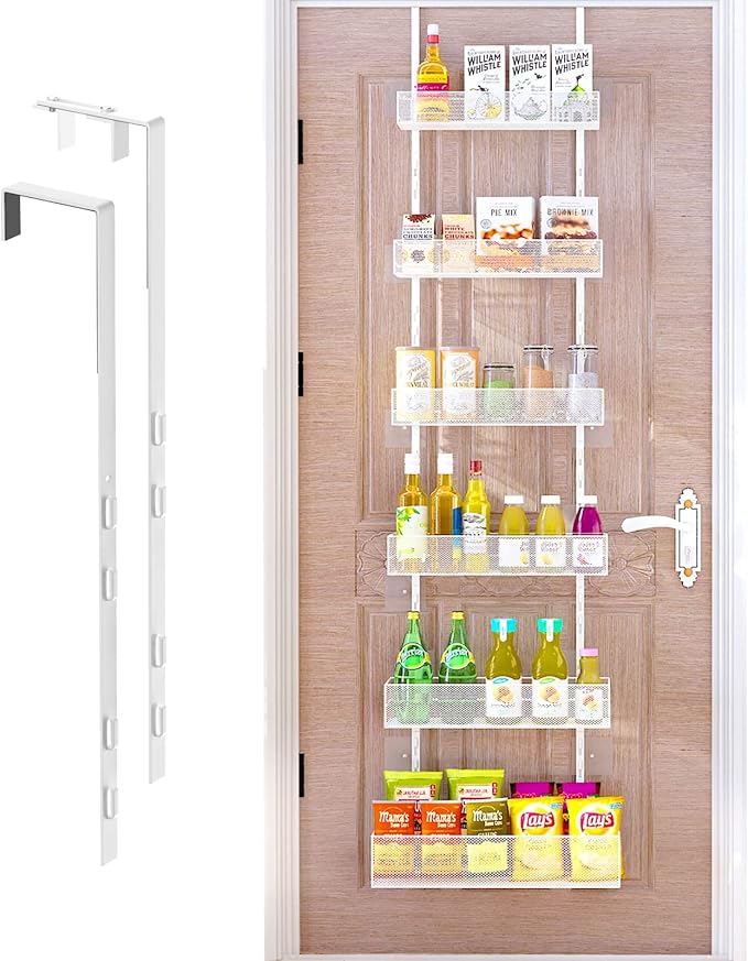Over the Door Pantry Organizer - 6-Tier Mesh Basket Hanging & Wall Mounted Pantry Door Organizer, Over the Door Spice Rack with Adjustable Hooks for Kitchen, Bathroom, Bedroom, Storage Room (White)