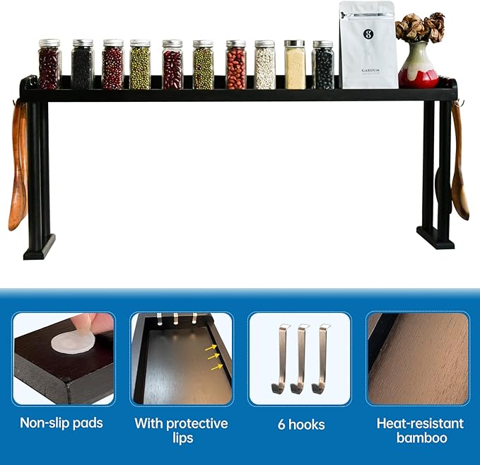 Over the Stove Shelf, Bamboo Stove Top Spice Rack for Kitchen,Wooden Stove Shelf for Back of Stove, Non-slip Countertop Seasoning Organizer with 6 hooks,Easy to Assemble 34.6*5.1*13.4” Black
