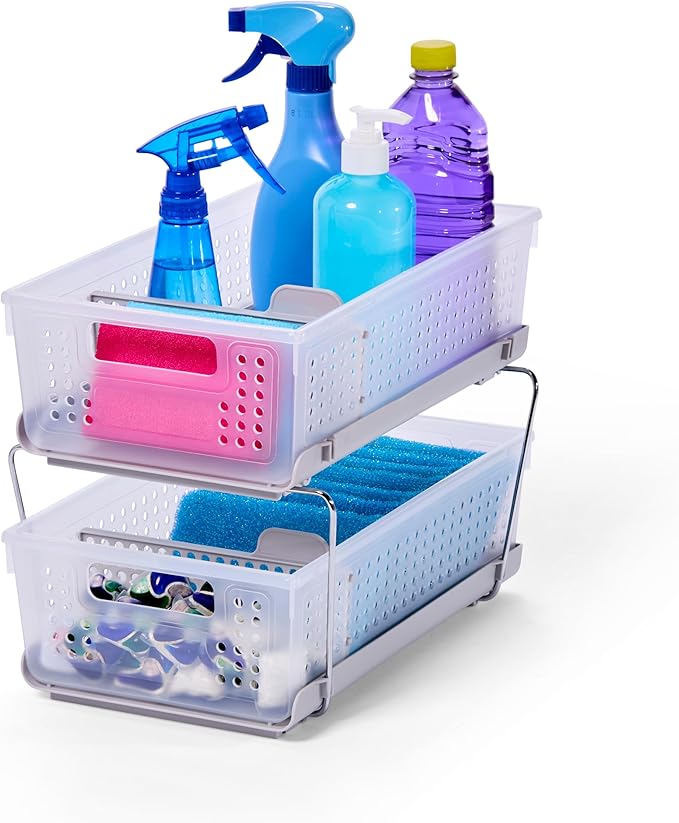 madesmart Stackable 2-Tier Organizer, 2 Pack, Multi-Purpose Slide-Out Storage with Extra Set of Legs, Handles and Dividers for Home and Bath, BPA Free, Frost 2 PACK
