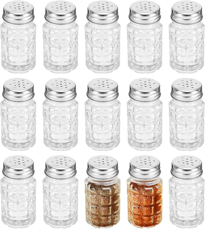 Jucoan 16 Pack Retro Style Glass Salt and Pepper Shakers with Stainless Steel Top, 2 oz Small Glass Spices Shakers Seasoning Bottle Jars for Kitchen Restaurant Wedding BBQ Party Camp Travel
