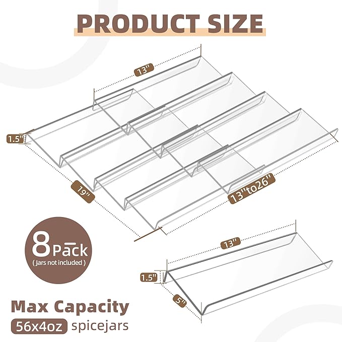 Goabroa Expandable Spice Organizer, 8 Pack 4 Tier Clear Spice Rack, 13" to 26" Wide, Kitchen Spice Organization for Drawer/Countertop