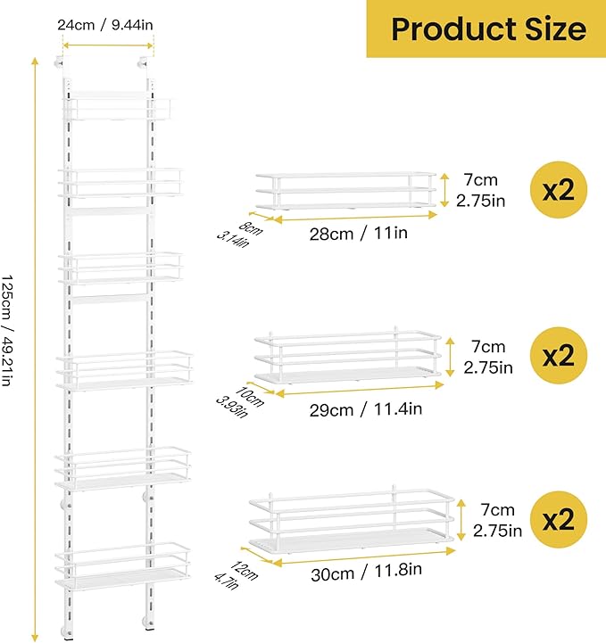 Pantry Door Organizer 12 Inch Wide, 6 Tier Hanging Adjustable Over the Door Spice Rack For Narrow Space,Matt White