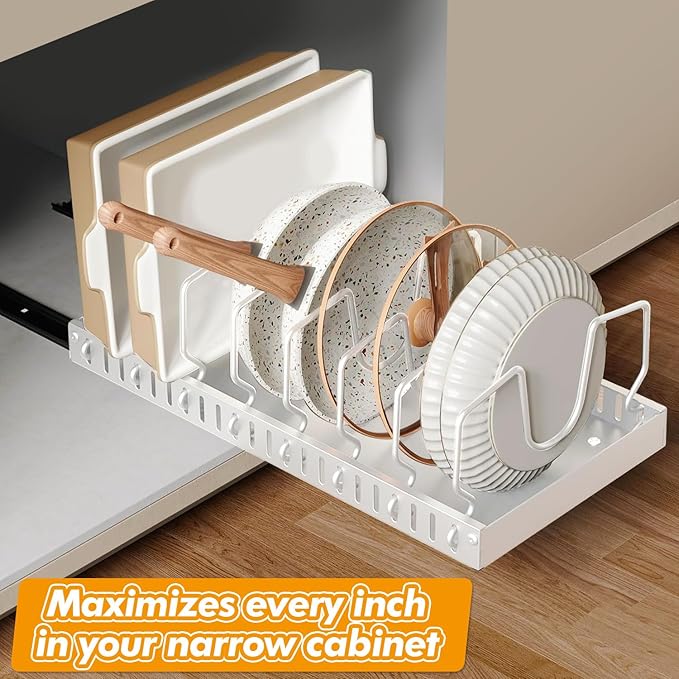 Pull-Out Pots and Pans Organizer Under Cabinet, Pot and Pan Organizers Inside Cabinet for Kitchen Cabinet Storage and Pots Storage Rack Pans Lid Dishes Holder Bakeware Organizer (white)