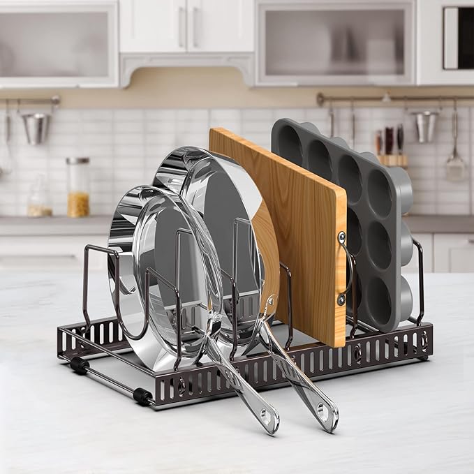 Puricon 15 Adjustable Dividers Pot Rack Pan Lid Organizer, 3 in 1 Skillet Griddle Cutting Board Baking Holder, 3 Pack Cookware for Kitchen Cabinet Cupboard Pantry Storage -Bronze