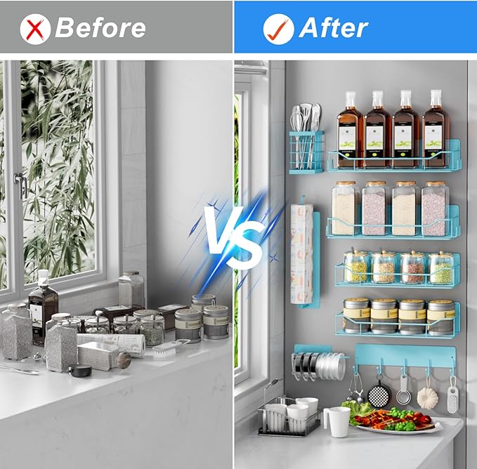 Magnetic Spice Rack for Refrigerator,8 Pack Magnetic Fridge Shelf, Moveable Spice Organizer with Hook Rack, Paper Towel Holder, Utensil Holder,cup lid holder, Super Magnetic Rack Set (Blue)