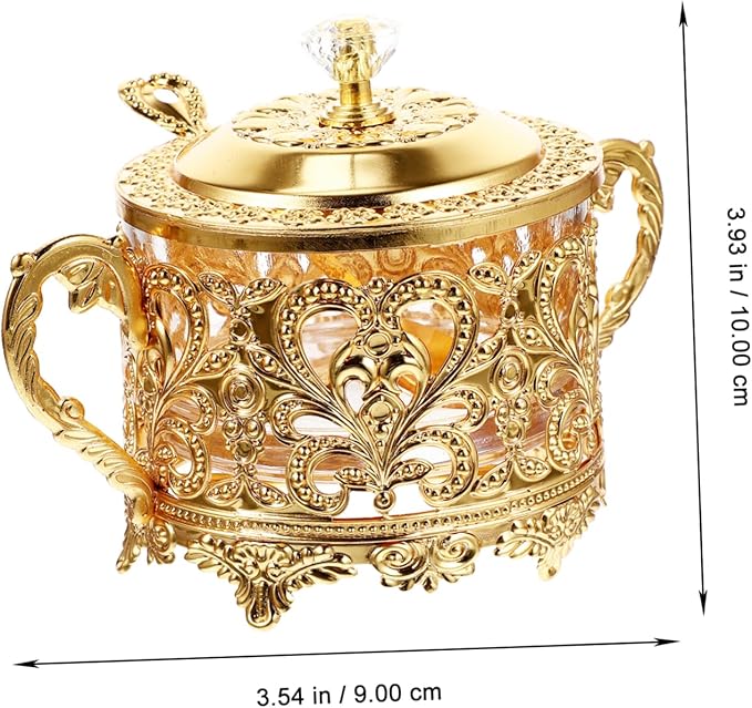 UPKOCH Turkish Sugar Bowl with Lid and Spoon Golden Iron & Glass Condiment Storage Jar - Vintage European Style Multi-Purpose Kitchen Canister for Coffee Bar, Wedding Party, Candy Cookie Honey Spice
