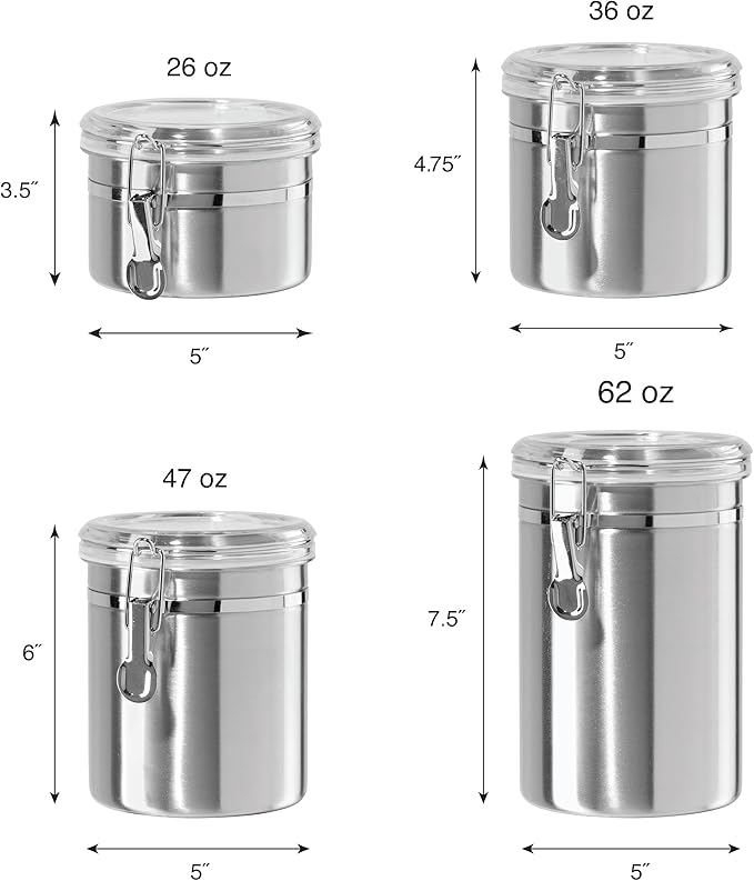 Oggi Stainless Steel Canister Set 4pc w/ Airtight Acrylic Lid & Clamp
