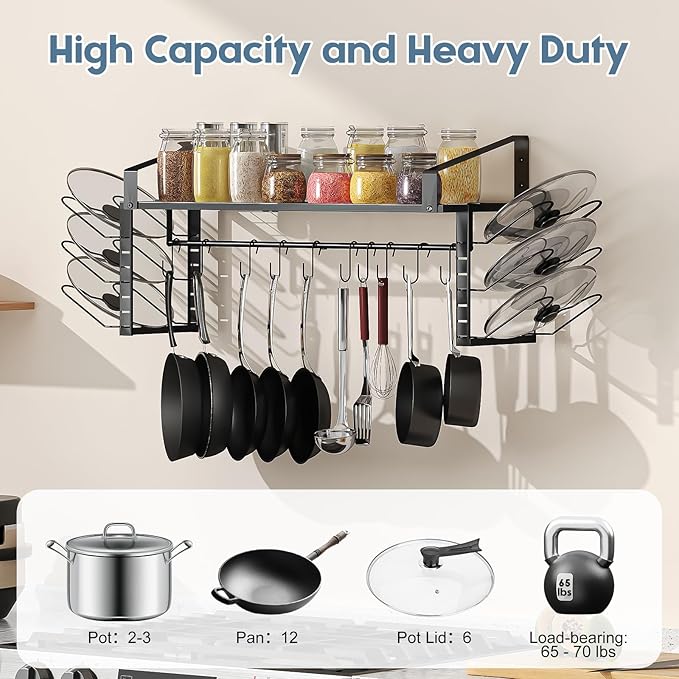 X-cosrack Hanging Pot Rack,Wall Mounted Pot and Pan Organizer with 12 S Hooks,Pot Hangers for Kitchen,Pots Pans Lids Organizer Cookware Hanging Shelves,Equipped with Anti-drop Enlarged Expansion Plugs