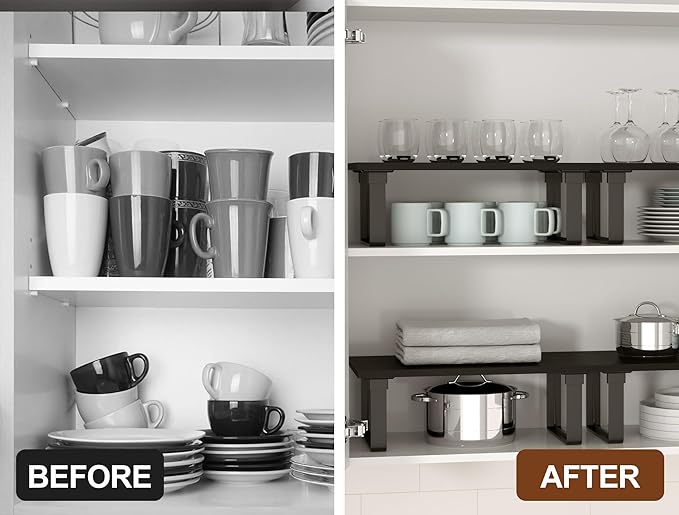 Cabinet Shelf Organizers, Set of 4 Stable Kitchen Counter Shelves, Stackable Expandable Spice Racks, Wood Anti-Slip Kitchen Organizers and Storage, Easy to Assemble, Black