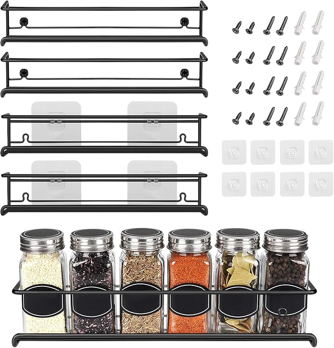 Spice Rack Wall Mounted 4 Tier – Space-Saving Kitchen Spice Organizer for Seasonings – Screw or Adhesive Hanging – Wall Mount Hanging Spice Rack for Wall, Cabinet, Pantry Door – Black