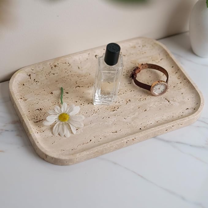 VEROBELL Travertine Bathroom Vanity Tray | Natural Stone Storage Organizer | Luxury Home Decor for Countertop, Dresser, Spa | Non-Resin & Durable Design,11.8"x7.8"x0.6"