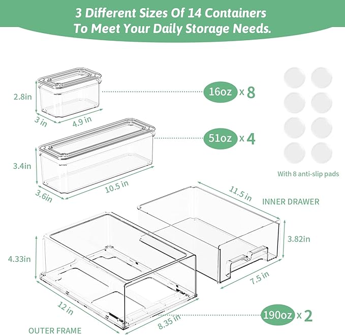 14Pack Fridge Organizer Bins, Clear Refrigerator Organizing Containers with Lids and Refrigerator Drawers, Stackable Food, Vegetable and Fruit Containers for Fridge Organizers and Storage