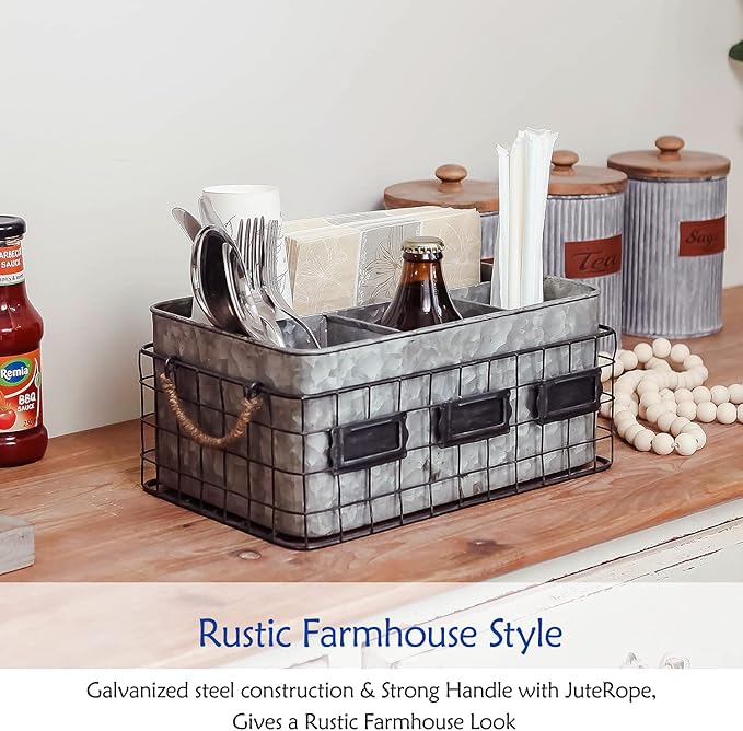 NIKKY HOME Farmhouse Utensil Caddy for Parties, Flatware Caddy for Countertop, Rustic Galvanized Silverware Cutlery Caddy with Napkin Holder for Kitchen, Dining, Outdoors, Picnics, Parties - Silver