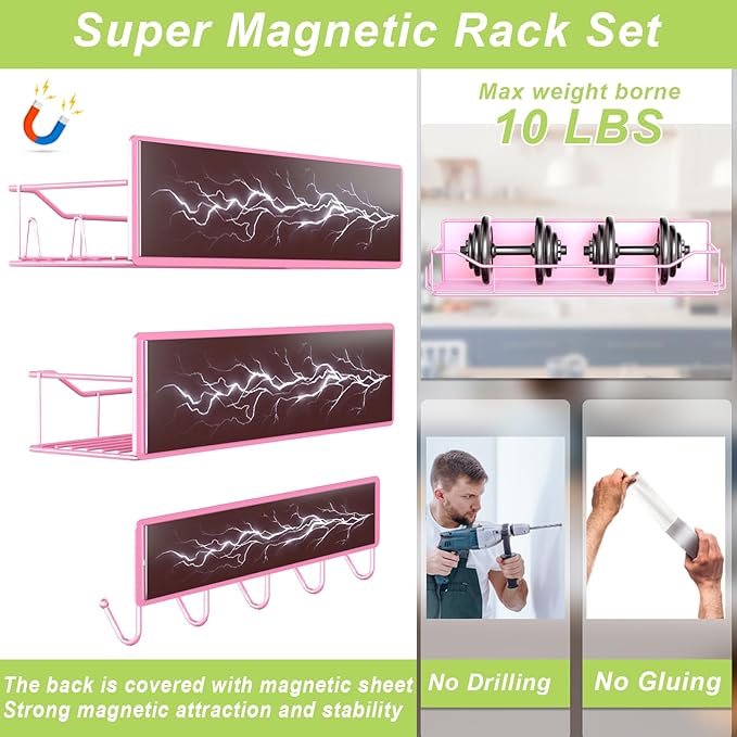 Magnetic Spice Rack for Refrigerator, 5 Pack Metal Strong Magnet Spice Organizer Shelves with Hook Rack, Space Saving Magnetic Fridge Shelf for Home Kitchen Organization and Storage (Pink)