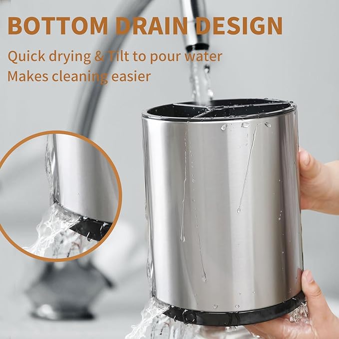 360° Rotating Kitchen Utensil Holder - Extra Large Stainless Steel Cooking Utensil Holder for Countertop, 3 Compartment Flatware Organizer & Cooking Caddy with Removable Base(Silvery)