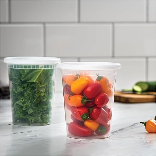 Stack Man [48 Sets - 32 oz. Plastic Deli Disposable Food Storage Containers with Airtight Lids