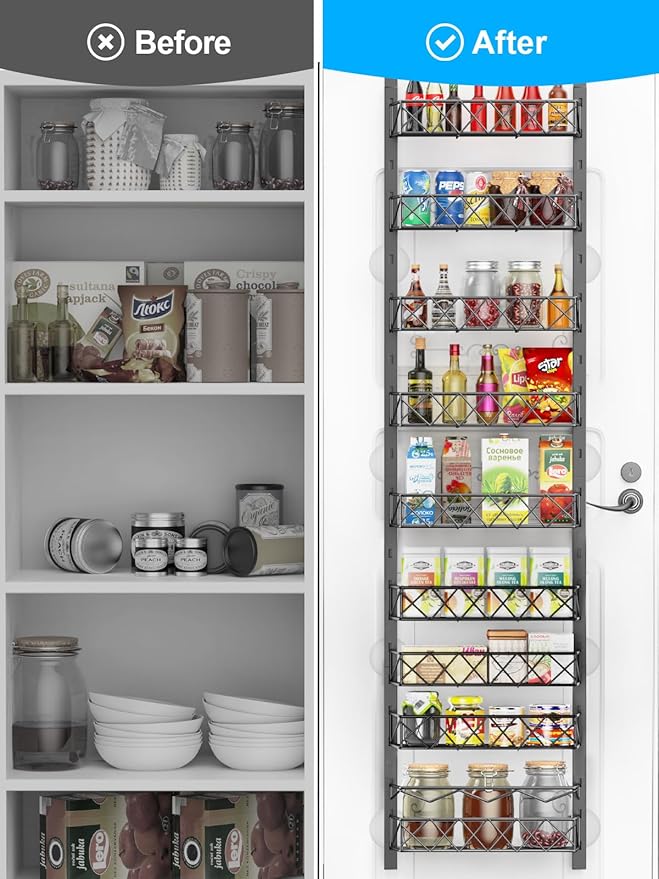Over the Door Pantry Organizer, 9-Tier Pantry Door Organizer with Adjustable Basket, Metal Spice Rack Storage for Kitchen Pantry Black